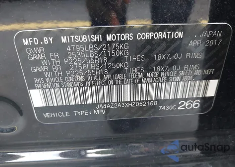 2017 Mitsubishi Outlander Es from USA, damaged, VIN JA4AZ2A3XHZ052168
